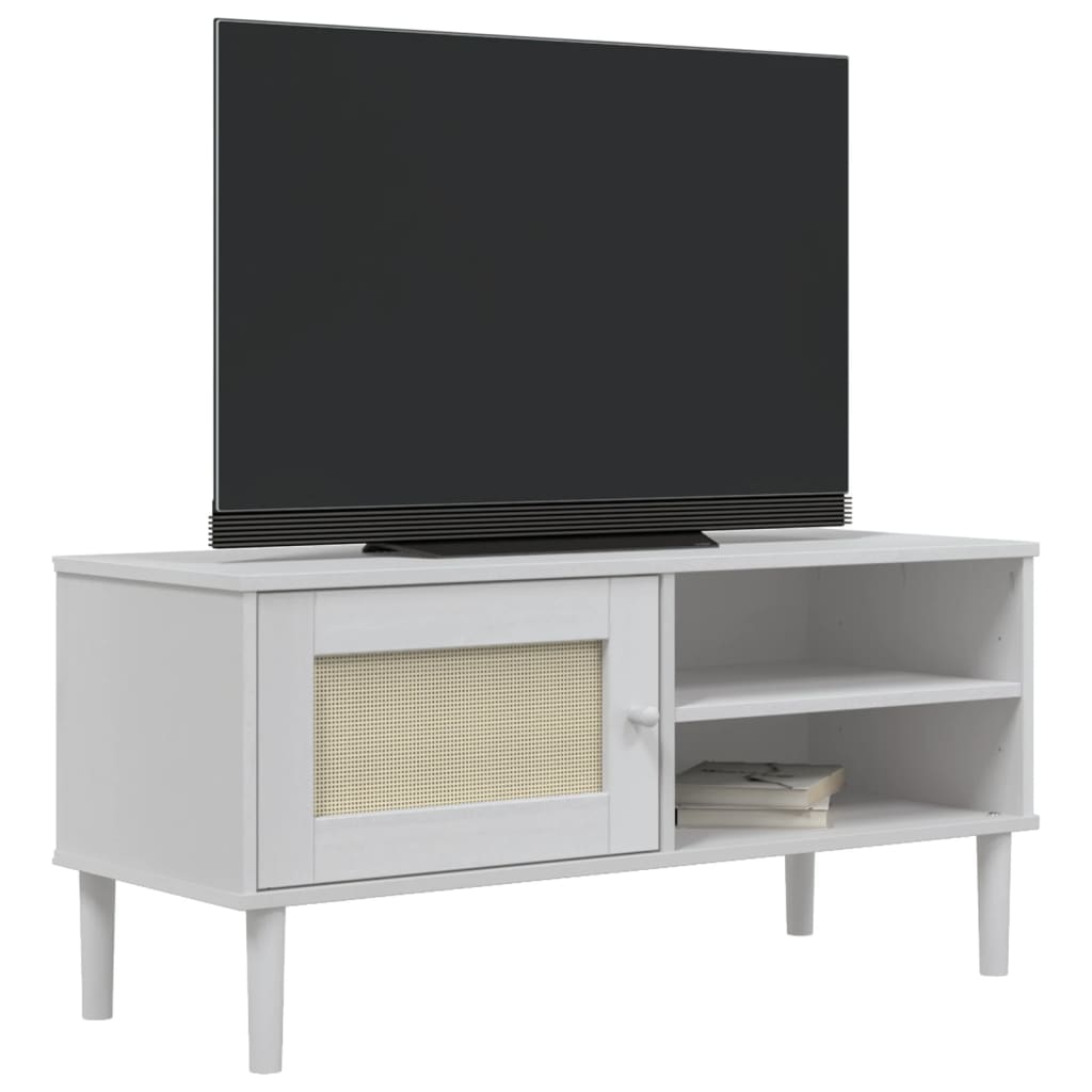 Mobile TV SENJA Aspetto Rattan Bianco 106x40x49 Massello Pino 358041