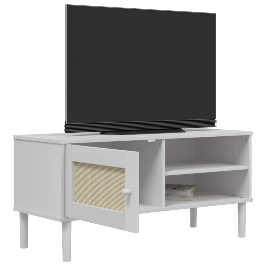 Mobile TV SENJA Aspetto Rattan Bianco 106x40x49 Massello Pino 358041