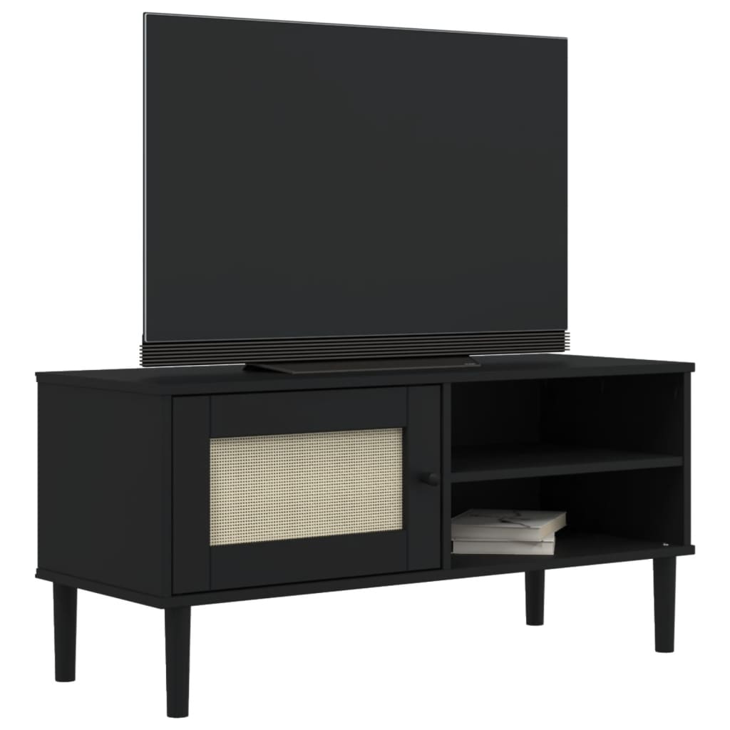 Mobile TV SENJA Aspetto Rattan Nero 106x40x49 cm Massello Pino 358042