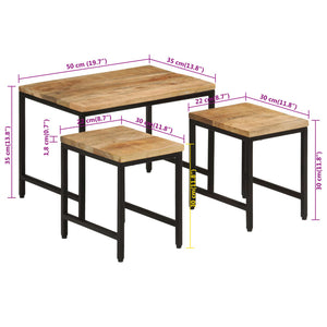 Tavolini a Incastro 3 pz Legno Massello di Mango Grezzo e Ferro 372731