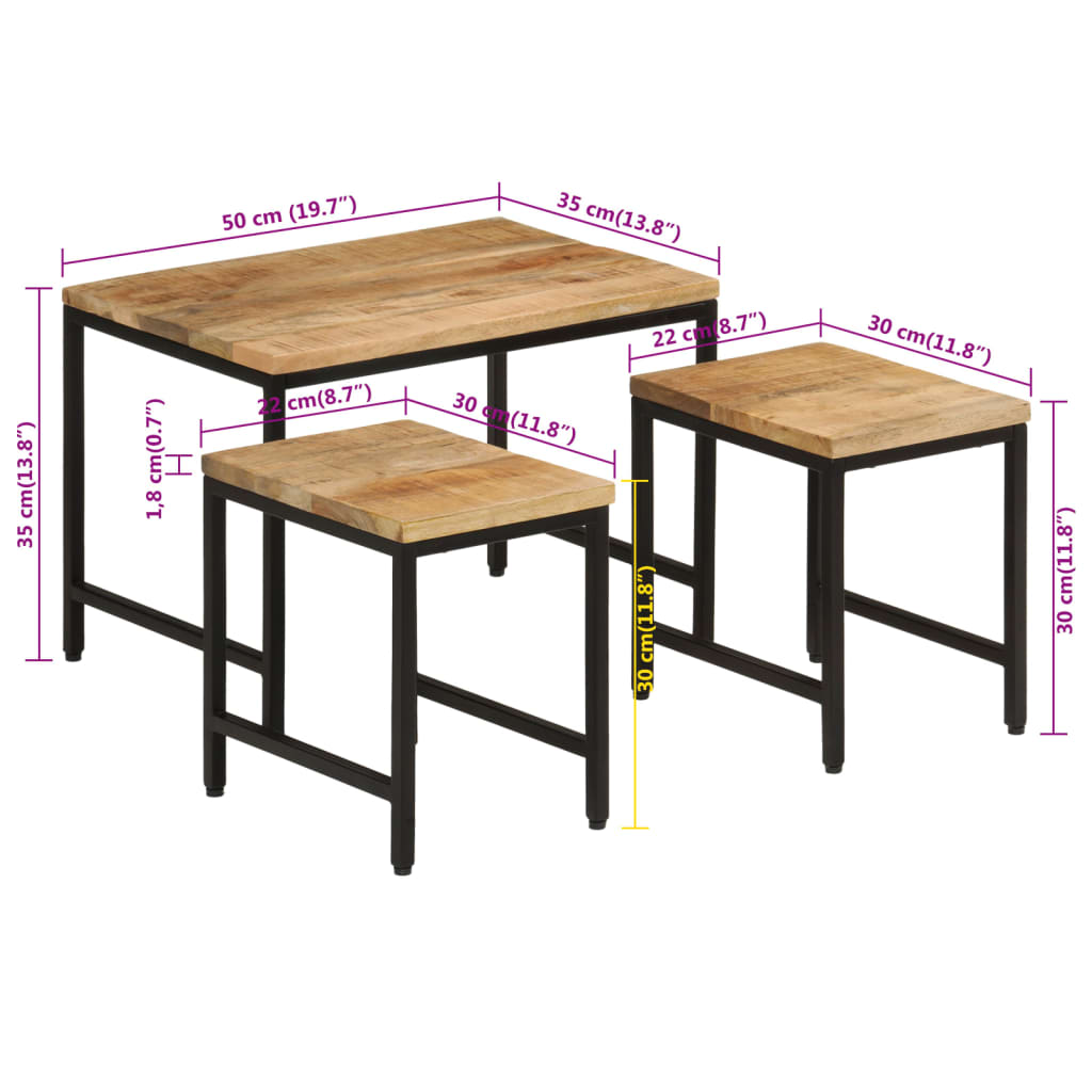 Tavolini a Incastro 3 pz Legno Massello di Mango Grezzo e Ferro 372731