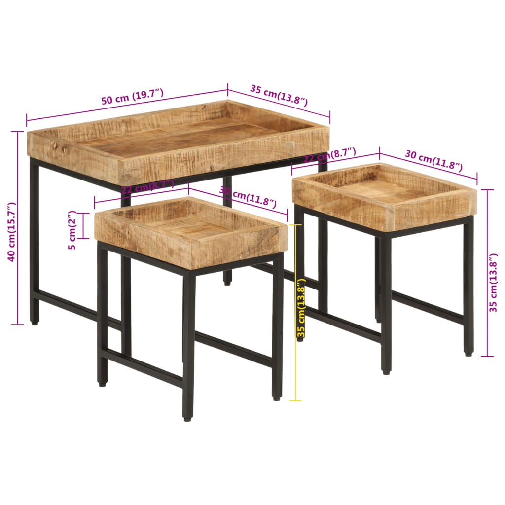 Tavolini a Incastro 3 pz Legno Massello di Mango Grezzo e Ferro 372732