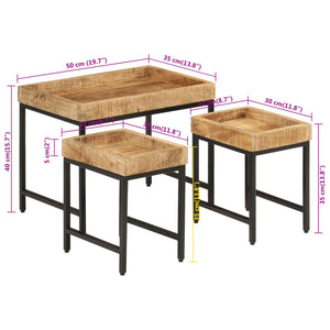 Tavolini a Incastro 3 pz Legno Massello di Mango Grezzo e Ferro 372732