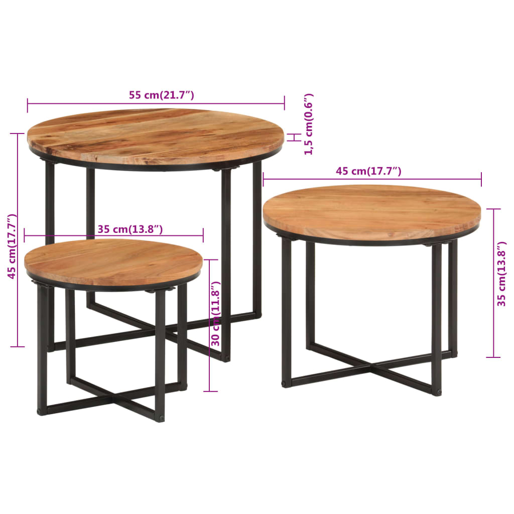 Tavolini a Incastro 3 pz in Legno Massello di Acacia e Ferro 372742