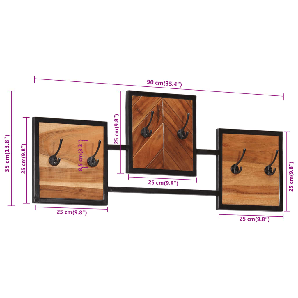 Appendiabiti a Parete 90x1x35 cm Legno Massello Acacia e Ferro 372743