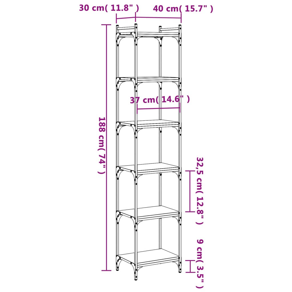 Libreria a 6 Ripiani Nera 40x30x188 cm in Legno Multistrato 837642