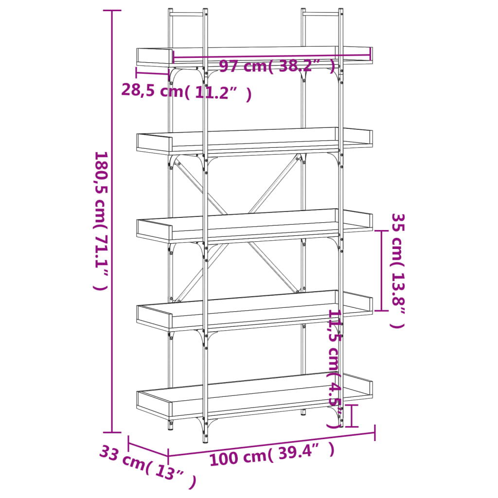 Libreria 5 Ripiani Grigio Sonoma 100x33x180,5 Legno Multistrato 837700