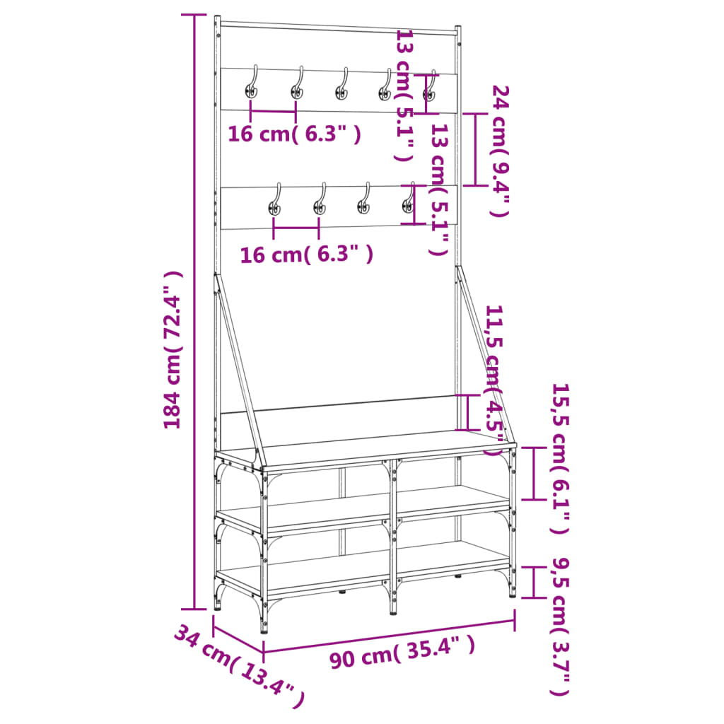 Appendiabiti con Porta Scarpe Rovere Fumo 90x34x184 cm 837834