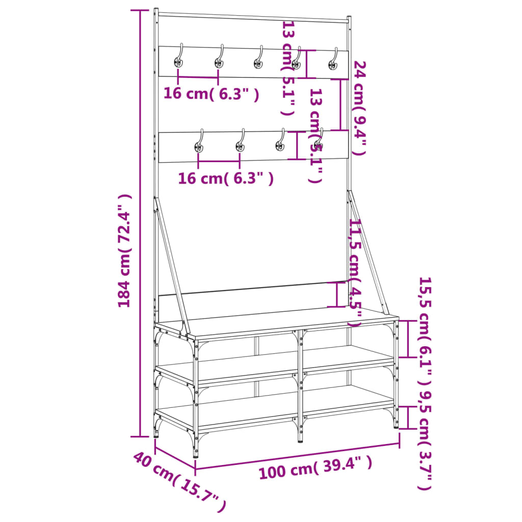 Appendiabiti con Porta Scarpe Grigio Sonoma 100x40x184 cm 837850