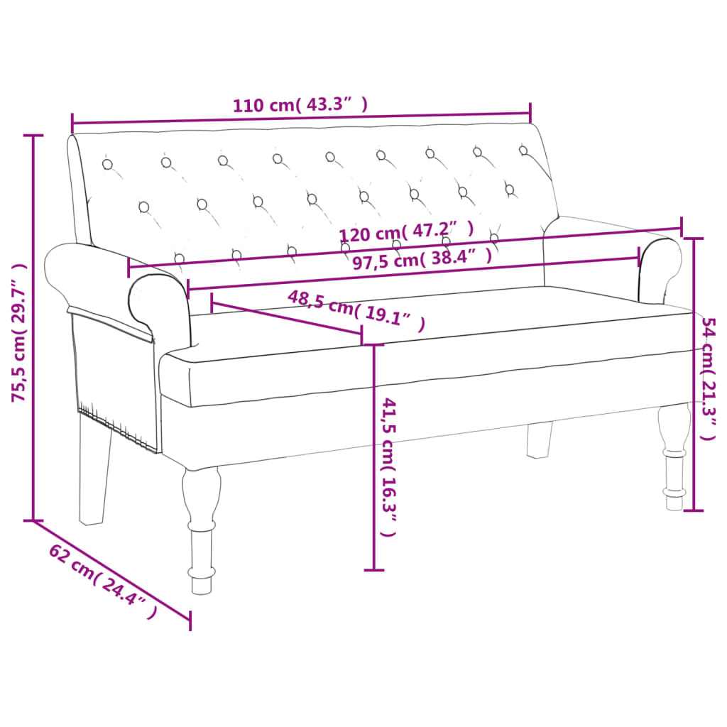 Panca con Schienale Nera 120x62x75,5 cm in Tessuto 372122