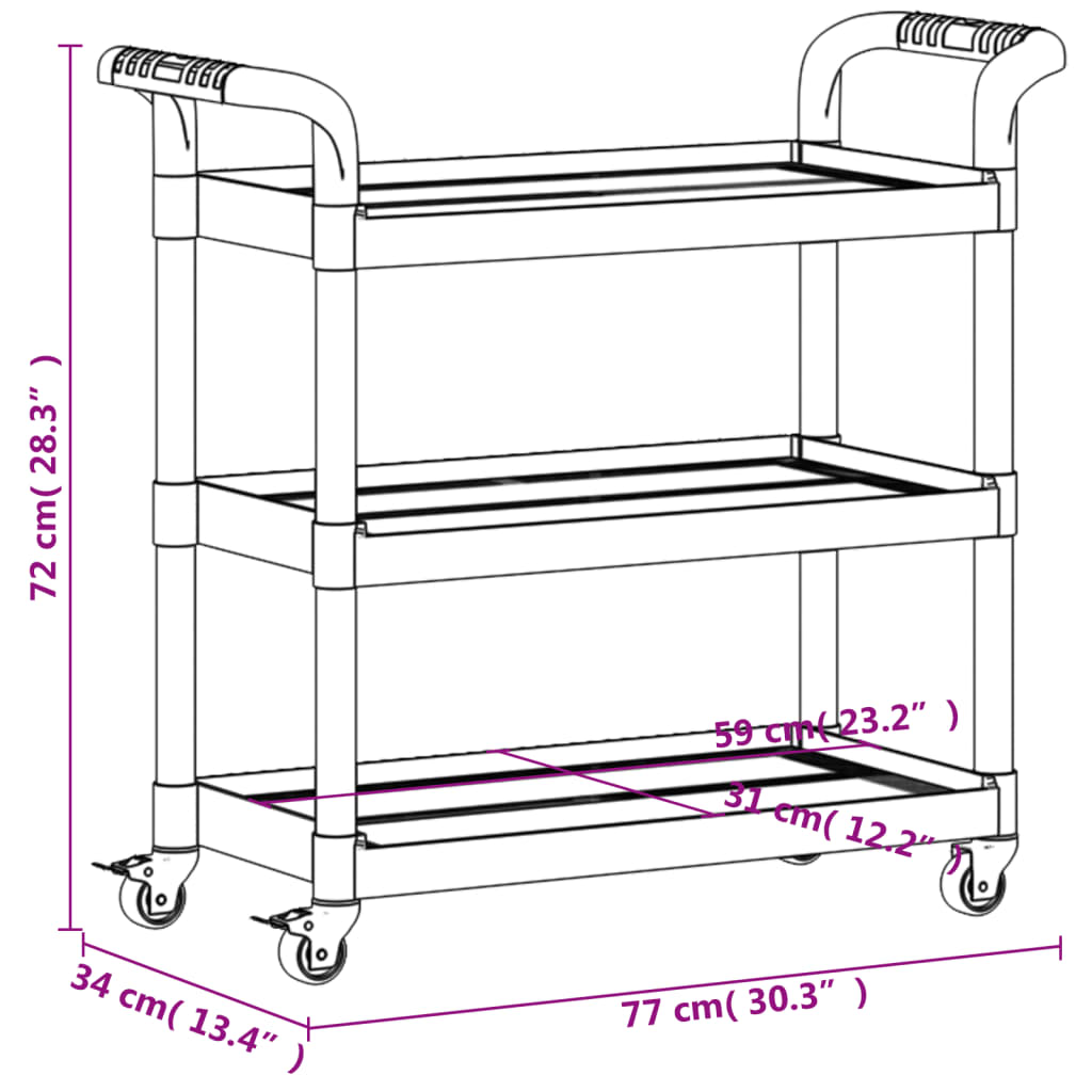 Carrello a 3 Ripiani Nero 77x34x72 cm in Alluminio 30322