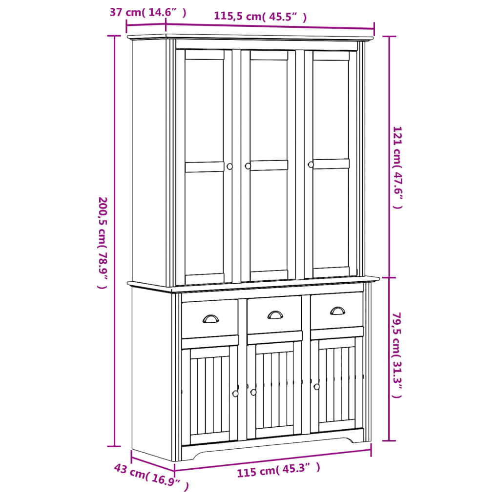 Credenza BODO 115,5x43x200,5 cm Legno Massello di Pino Bianco 3206451