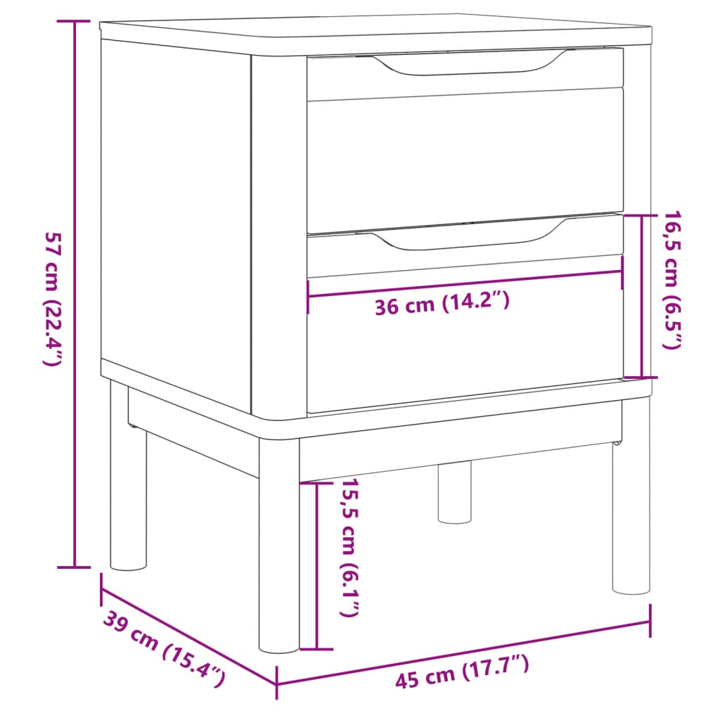 Comodino Bianco 45x39x57 cm in Legno Massello di Pino 374003