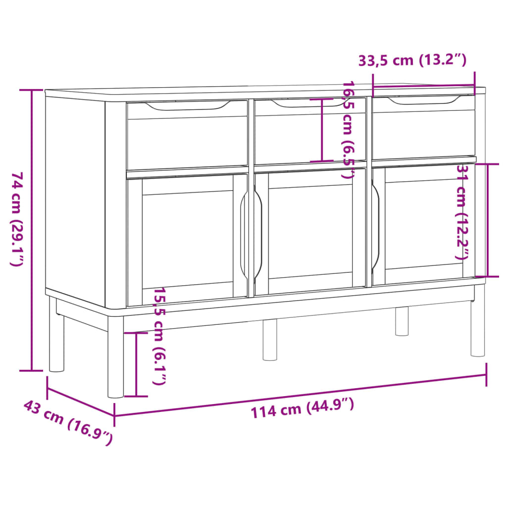 Credenza FLORO Bianca 114x43x74 cm in Legno Massello di Pino 374024