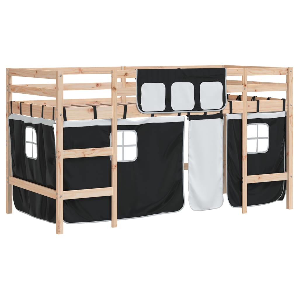 Letto a Soppalco con Tende Bambini Bianco e Nero 80x200 cm Pino 3206955