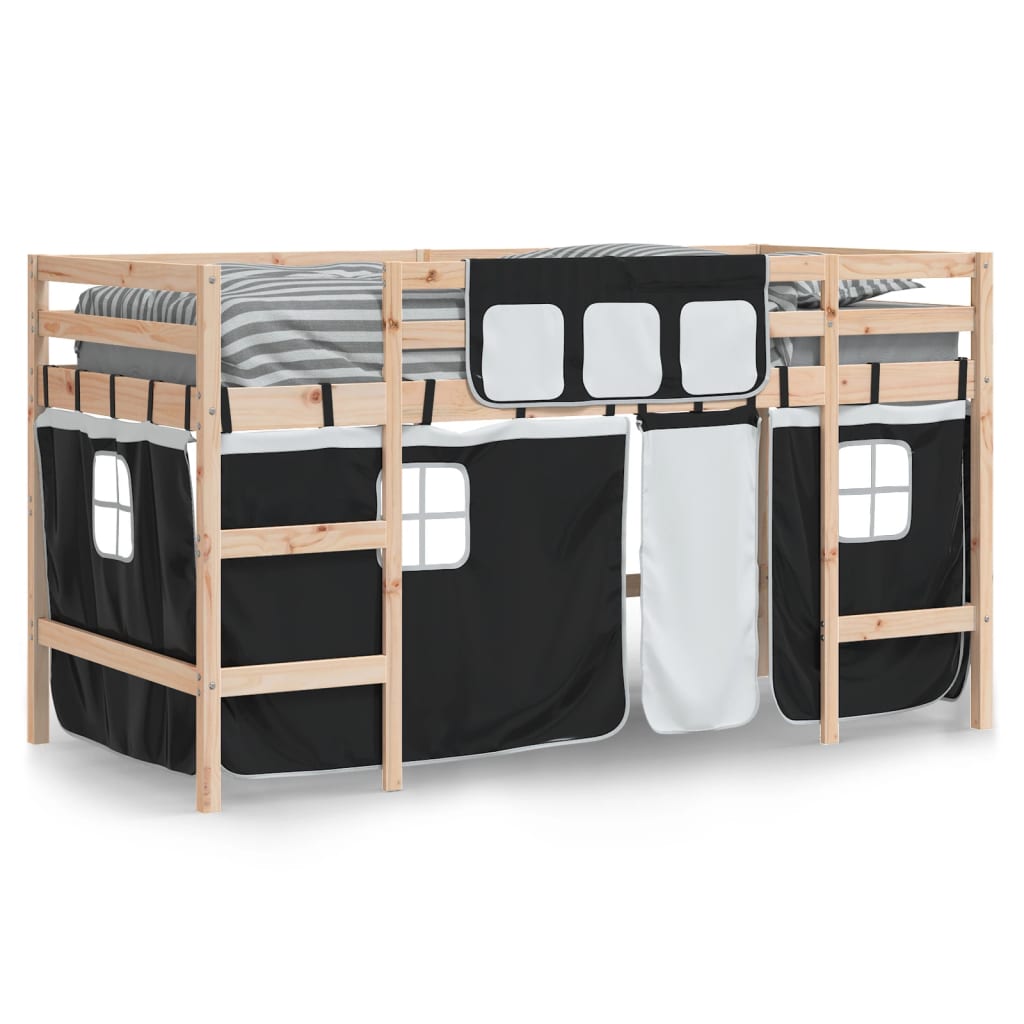 Letto a Soppalco con Tende Bambini Bianco e Nero 80x200 cm Pino 3206955