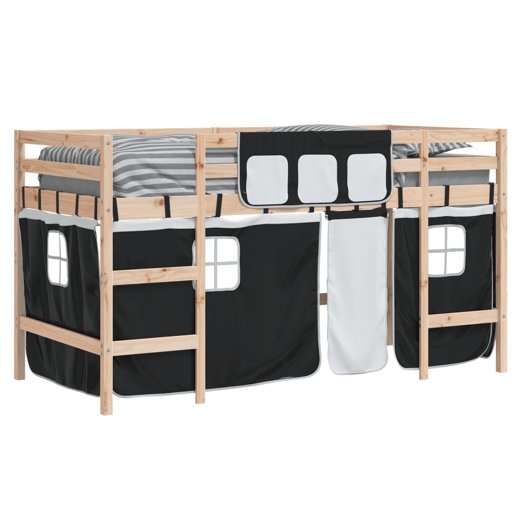 Letto a Soppalco con Tende Bambini Bianco e Nero 80x200 cm Pino 3206955