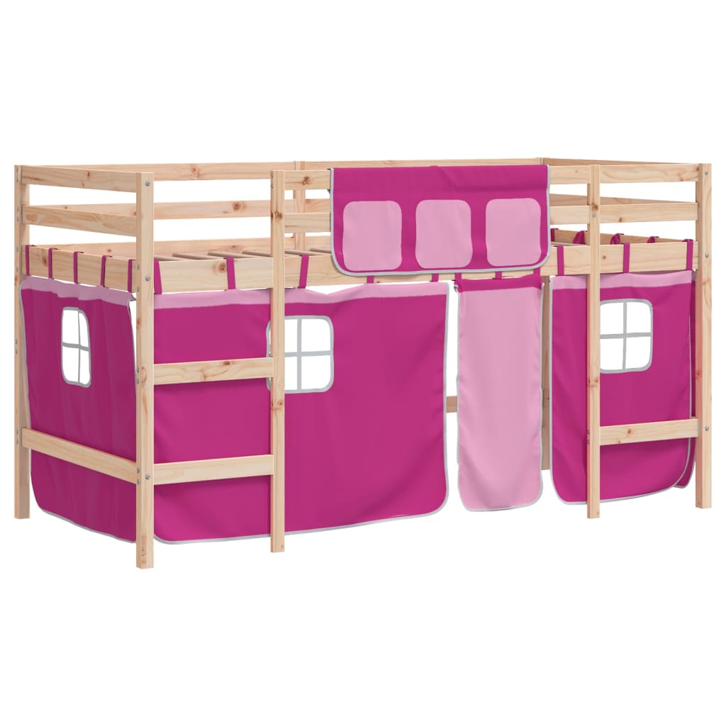 Letto a Soppalco con Tende Bambini Rosa 80x200 cm Massello Pino 3206957