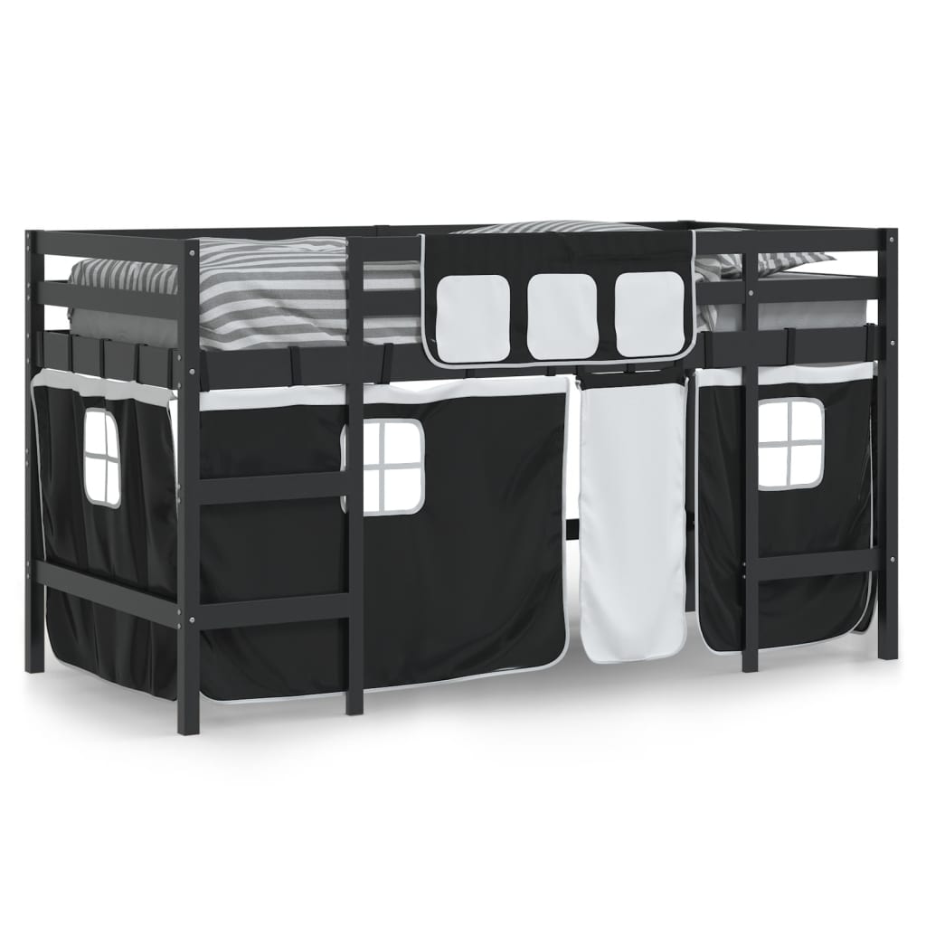 Letto a Soppalco con Tende Bambini Bianco e Nero 80x200 cm Pino 3206961