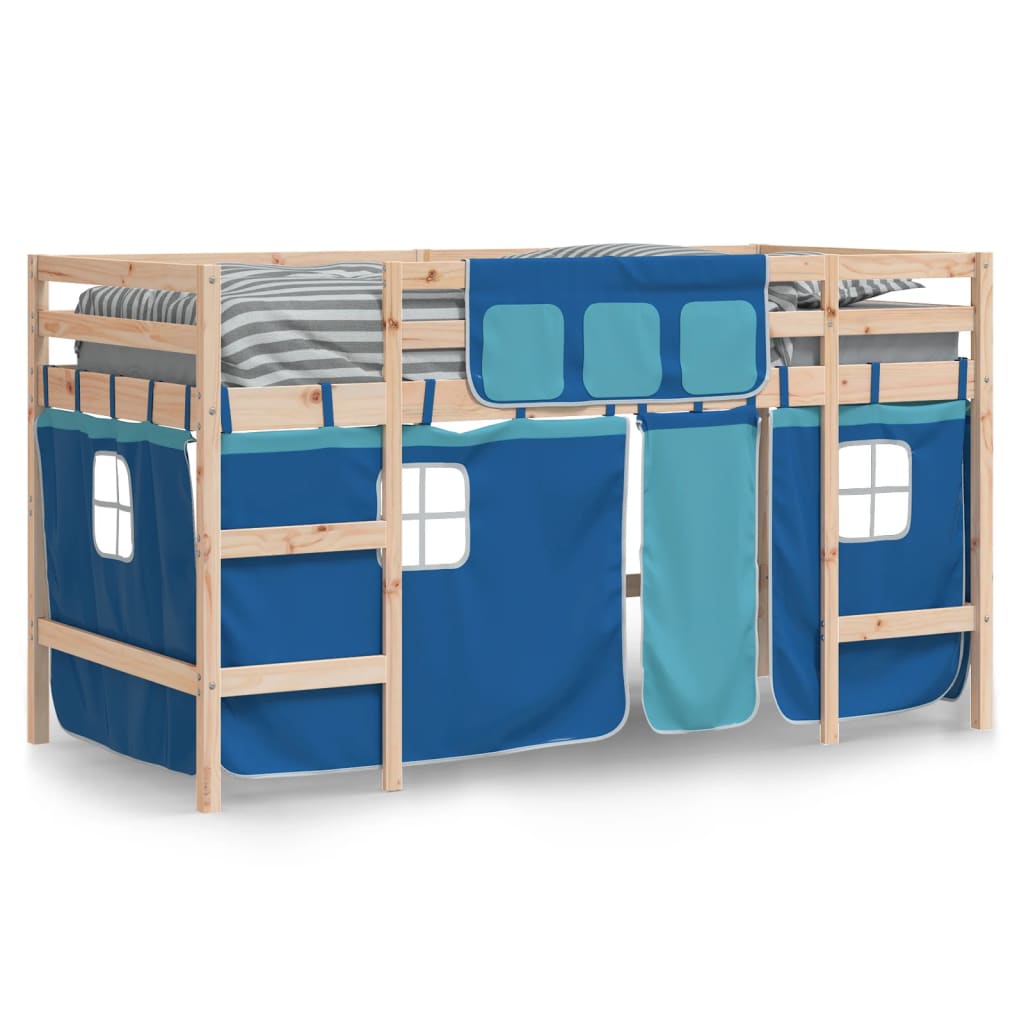 Letto a Soppalco con Tende Bambini Blu 90x200 cm Massello Pinocod mxl 133082