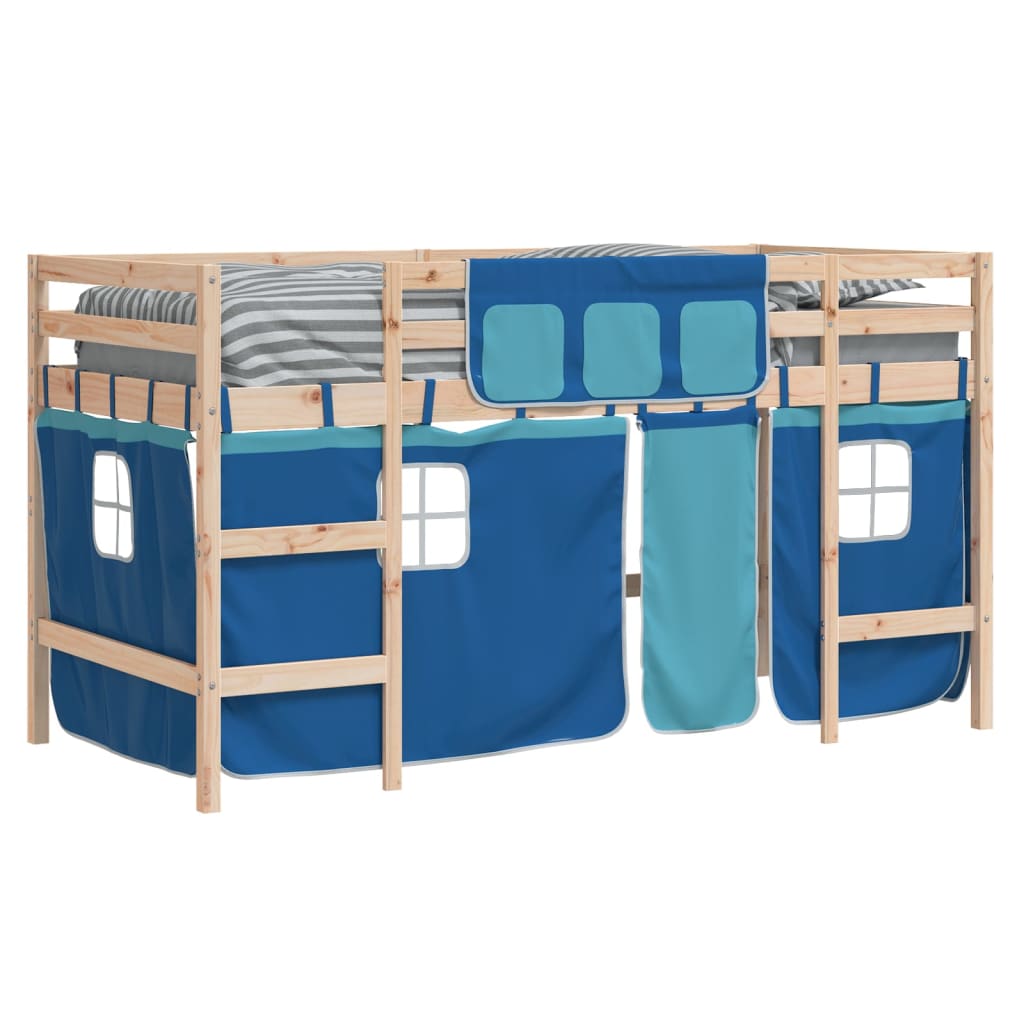 Letto a Soppalco con Tende Bambini Blu 90x200 cm Massello Pino 3206965