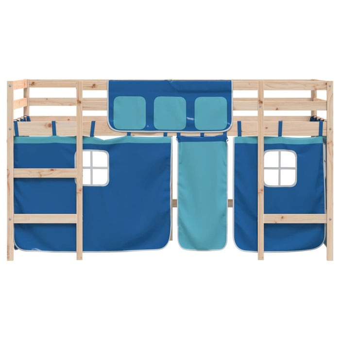 Letto a Soppalco con Tende Bambini Blu 90x200 cm Massello Pino 3206965