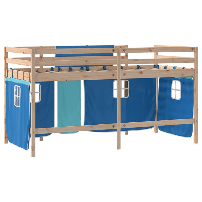 Letto a Soppalco con Tende Bambini Blu 90x200 cm Massello Pino 3206965