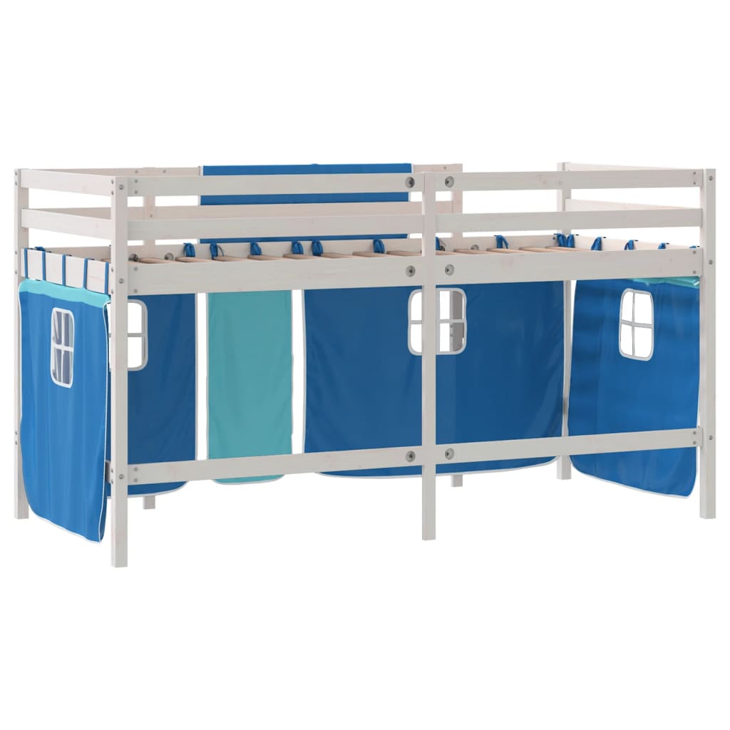 Letto a Soppalco con Tende Bambini Blu 90x200 cm Massello Pino 3206968