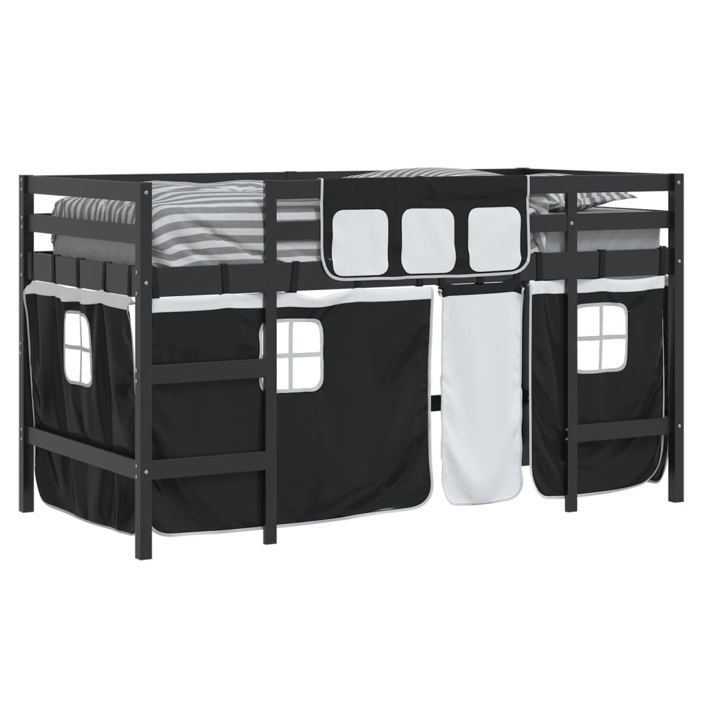 Letto a Soppalco con Tende Bambini Bianco e Nero 90x200 cm Pino 3206970