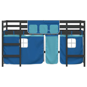 Letto a Soppalco con Tende Bambini Blu 90x200 cm Massello Pino 3206971