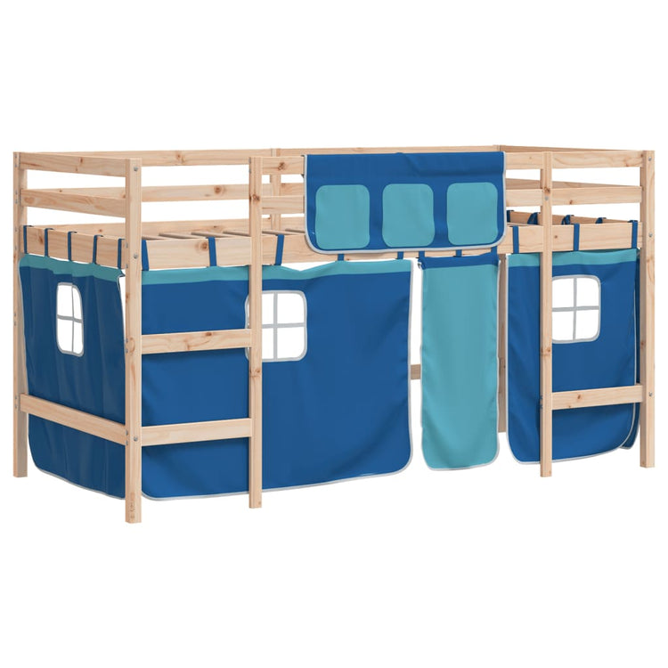 Letto a Soppalco Bambini con Tende Blu 90x190 cm Massello Pinocod mxl 109161