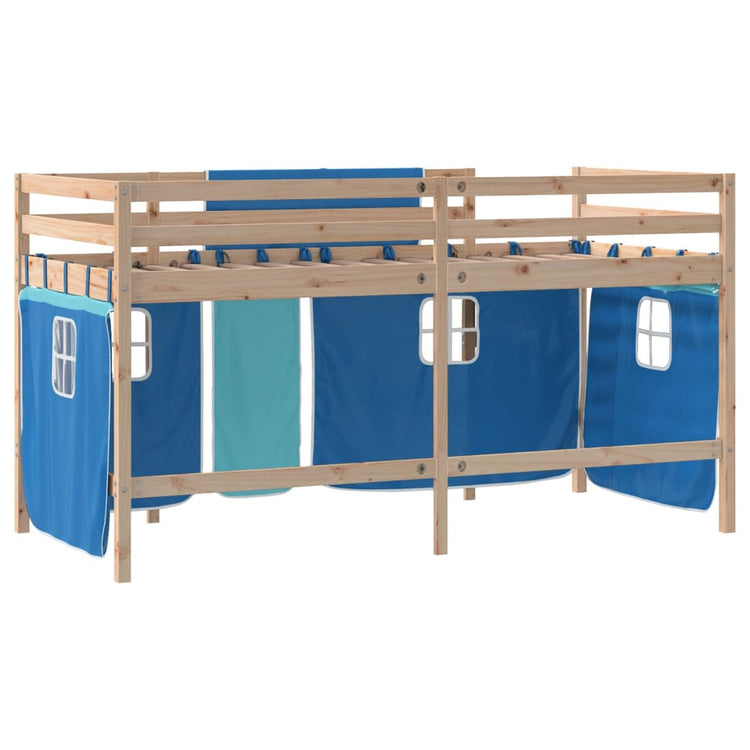 Letto a Soppalco Bambini con Tende Blu 90x190 cm Massello Pino 3206974