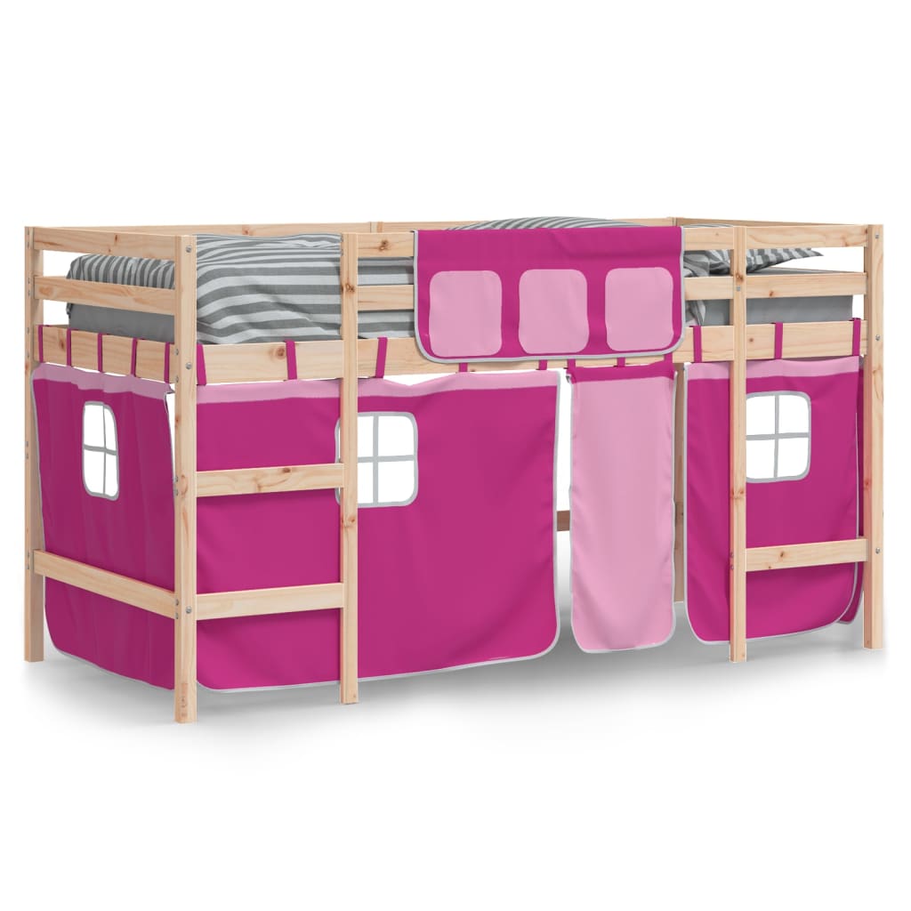 Letto a Soppalco con Tende Bambini Rosa 90x190 cm Massello Pino 3206975