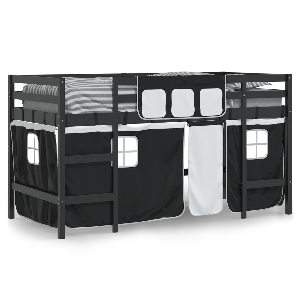 Letto a Soppalco Bambini con Tende Bianco e Nero 90x190 cm Pino 3206979