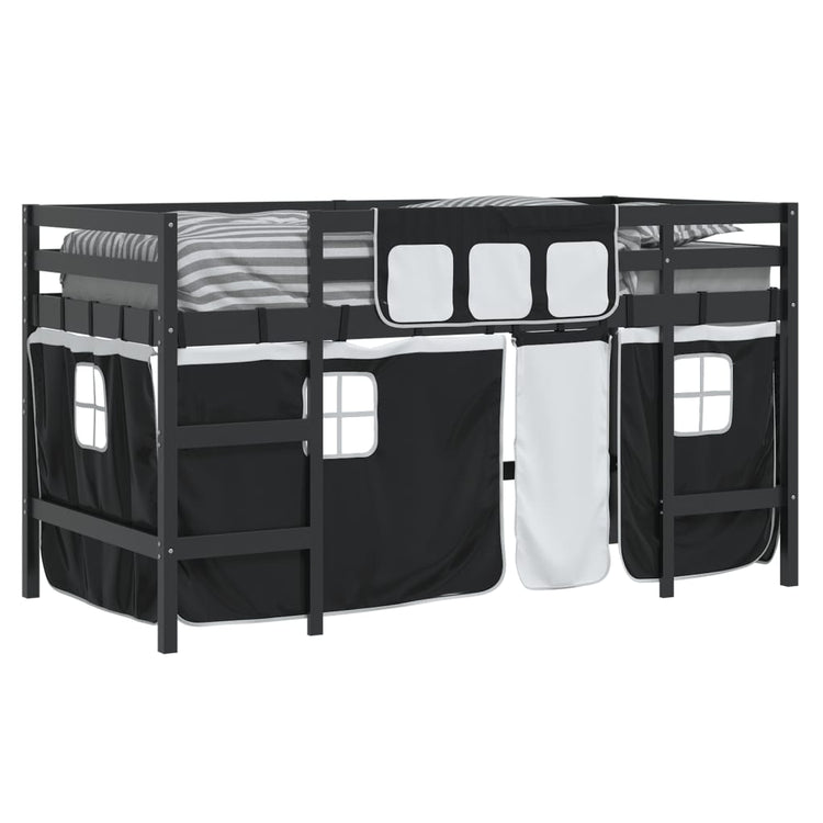 Letto a Soppalco Bambini con Tende Bianco e Nero 90x190 cm Pino 3206979