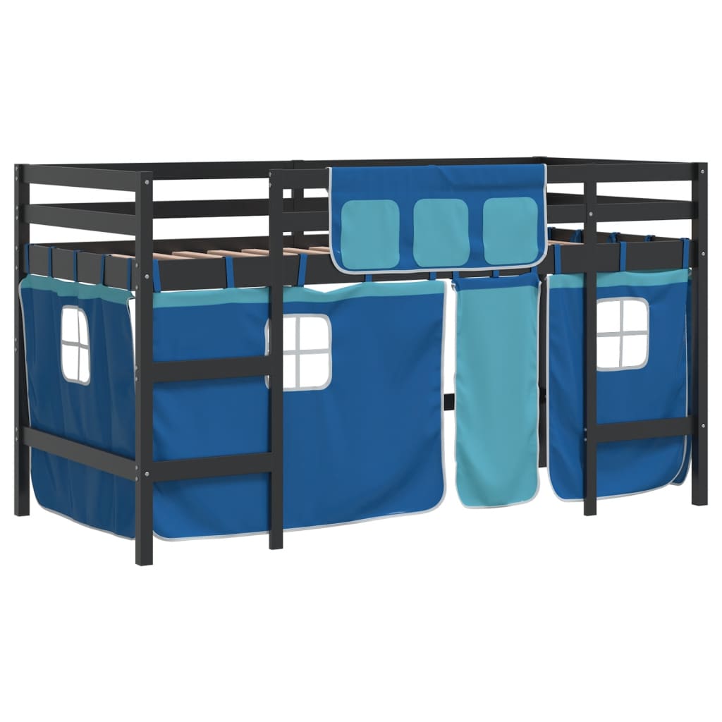 Letto a Soppalco Bambini con Tende Blu 90x190 cm Massello Pinocod mxl 85193