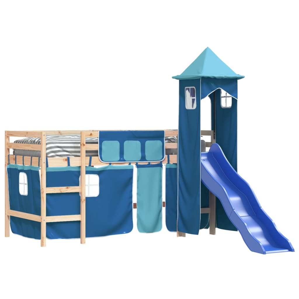 Letto a Soppalco con Torre Bambini Blu 80x200cm Massello Pino 3207064