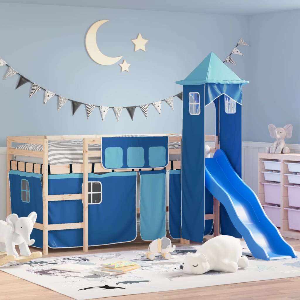 Letto a Soppalco con Torre Bambini Blu 80x200cm Massello Pino 3207064