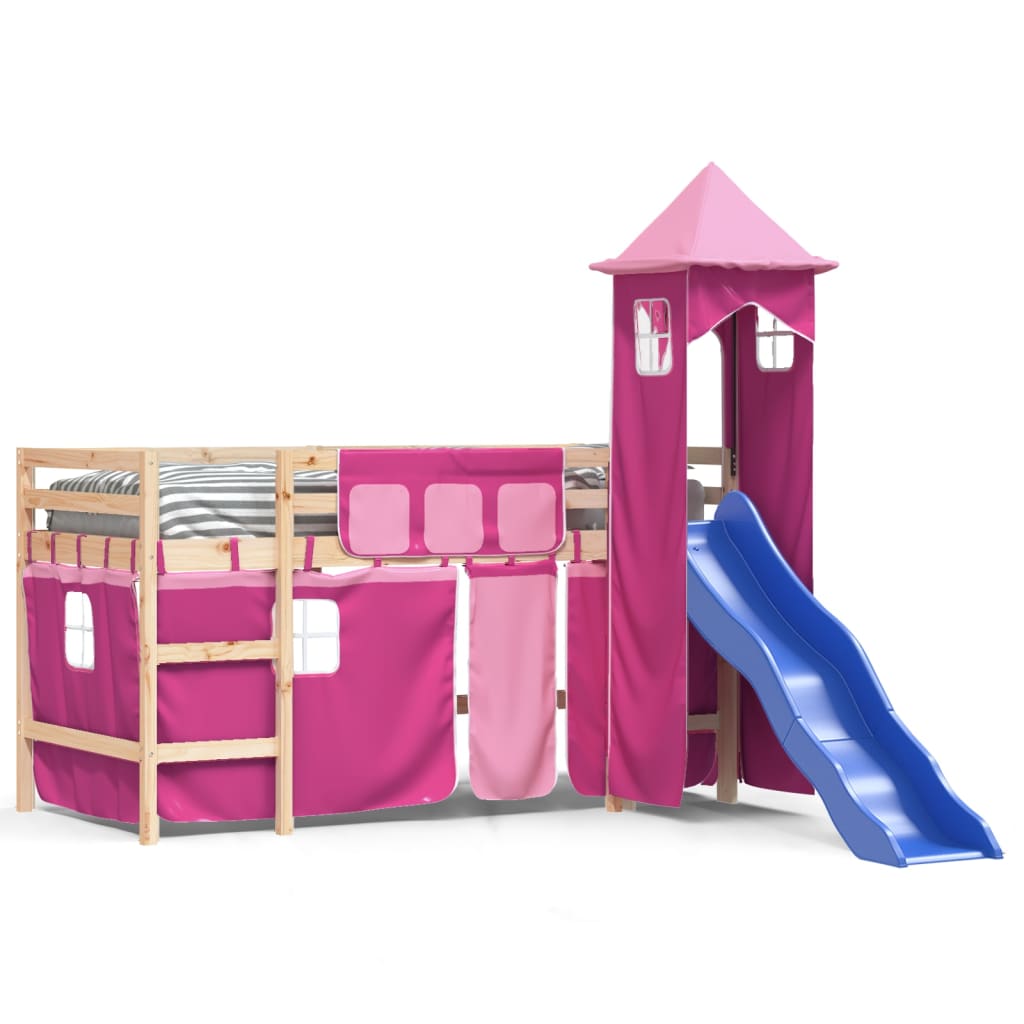 Letto a Soppalco con Torre Bambini Rosa 80x200cm Massello Pino 3207065