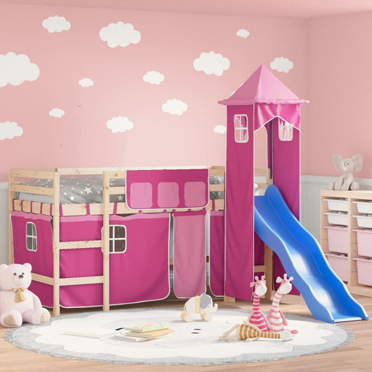 Letto a Soppalco con Torre Bambini Rosa 80x200cm Massello Pino 3207065