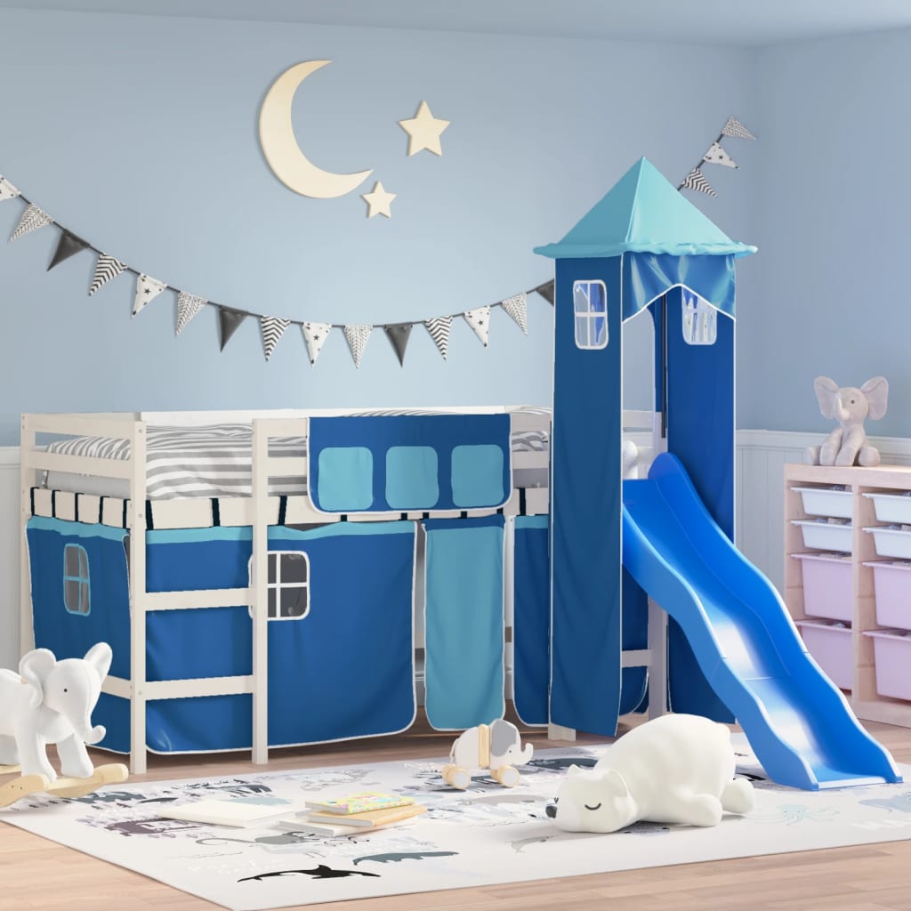 Letto a Soppalco con Torre Bambini Blu 80x200cm Massello Pino 3207067