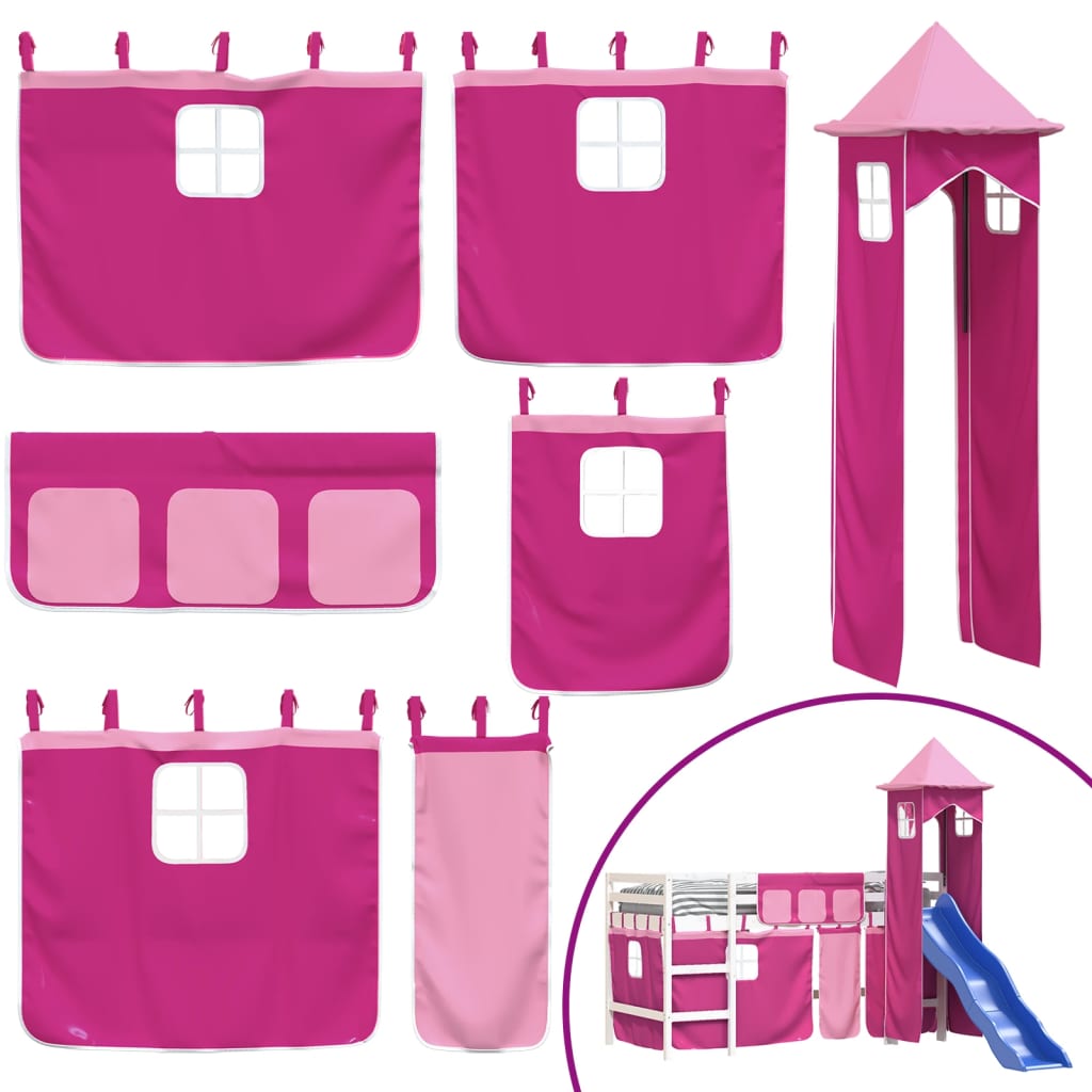 Letto a Soppalco con Torre Bambini Rosa 80x200cm Massello Pino 3207068