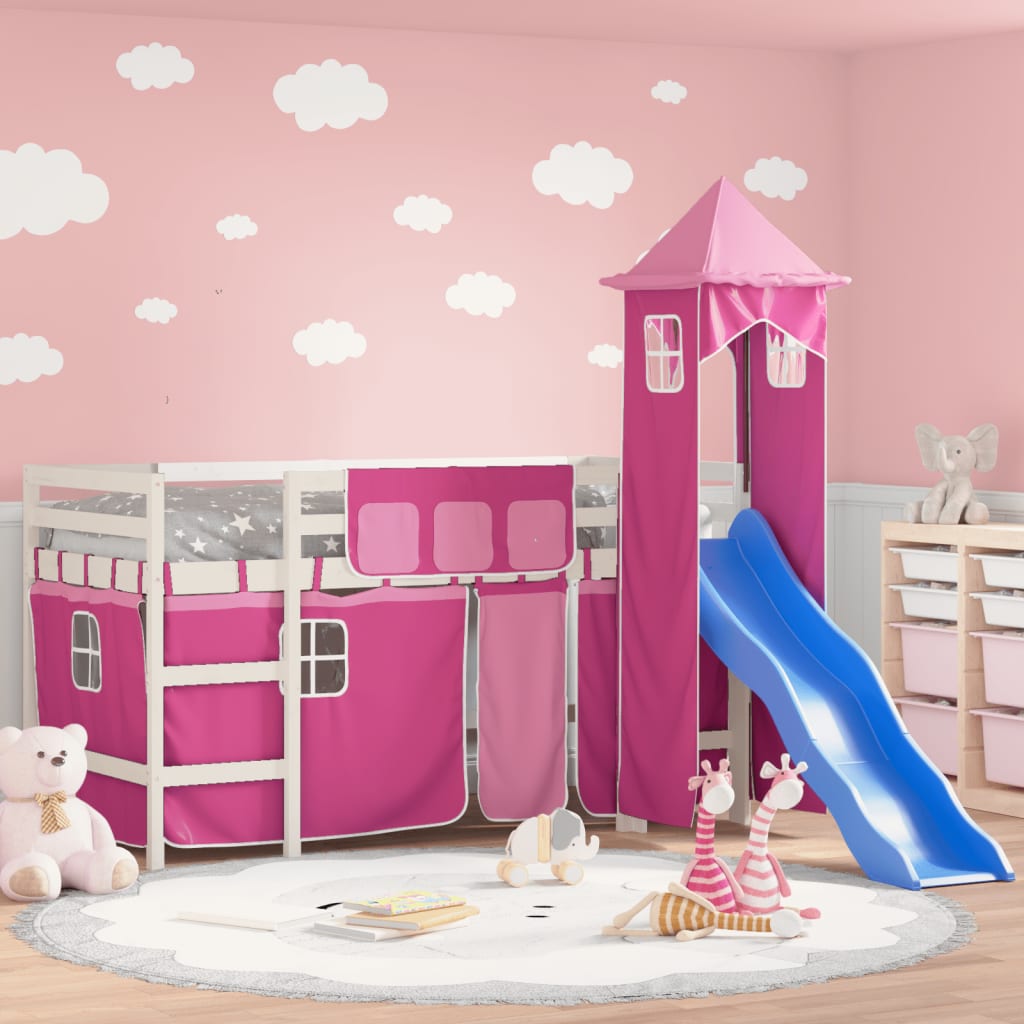 Letto a Soppalco con Torre Bambini Rosa 80x200cm Massello Pino 3207068