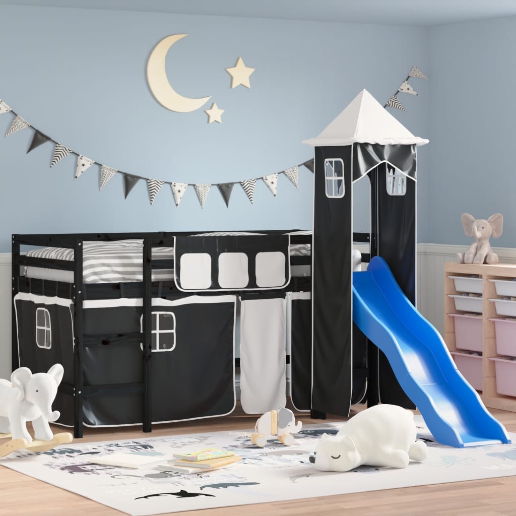 Letto a Soppalco con Torre Bambini Bianco e Nero 80x200cm Pino 3207069