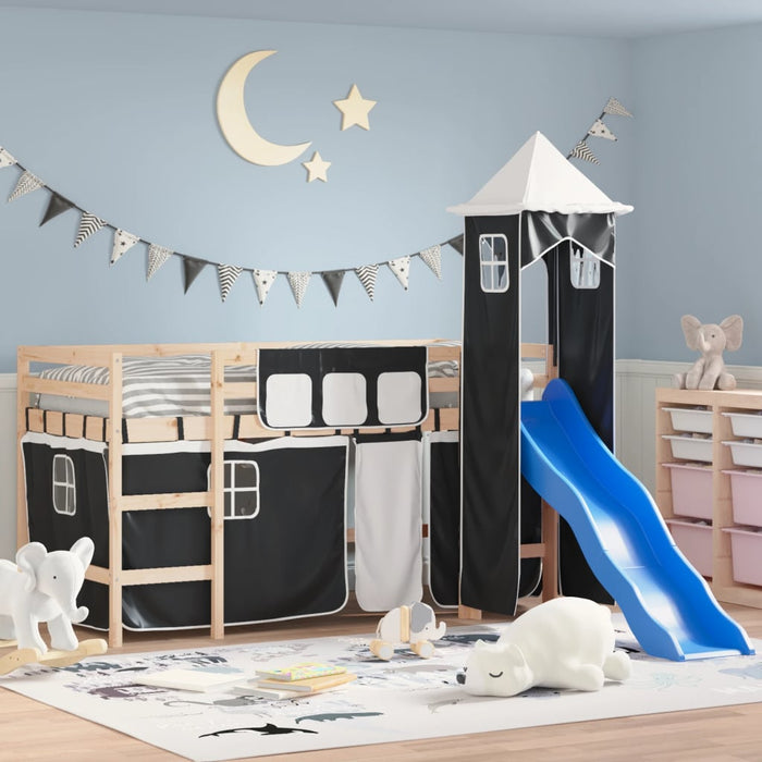 Letto a Soppalco con Torre Bambini Bianco e Nero 90x200cm Pino 3207072