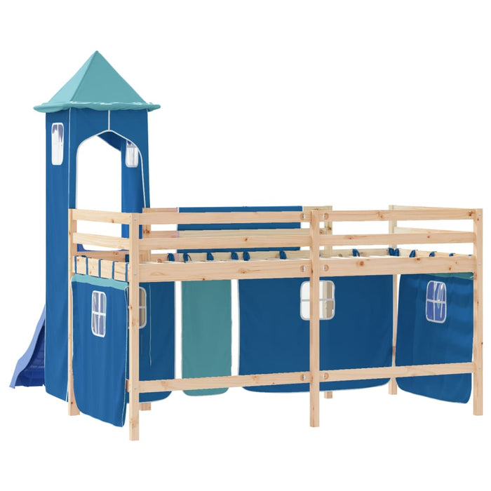 Letto a Soppalco con Torre Bambini Blu 90x200cm Massello Pino 3207073