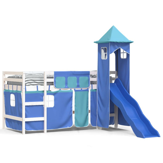 Letto a Soppalco con Torre Bambini Blu 90x200cm Massello Pino 3207076