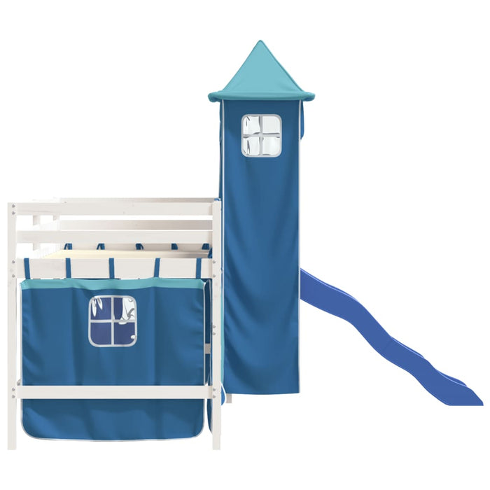 Letto a Soppalco con Torre Bambini Blu 90x200cm Massello Pino 3207076