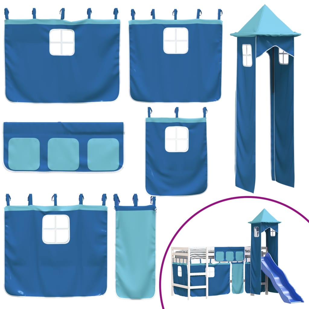 Letto a Soppalco con Torre Bambini Blu 90x200cm Massello Pino 3207076