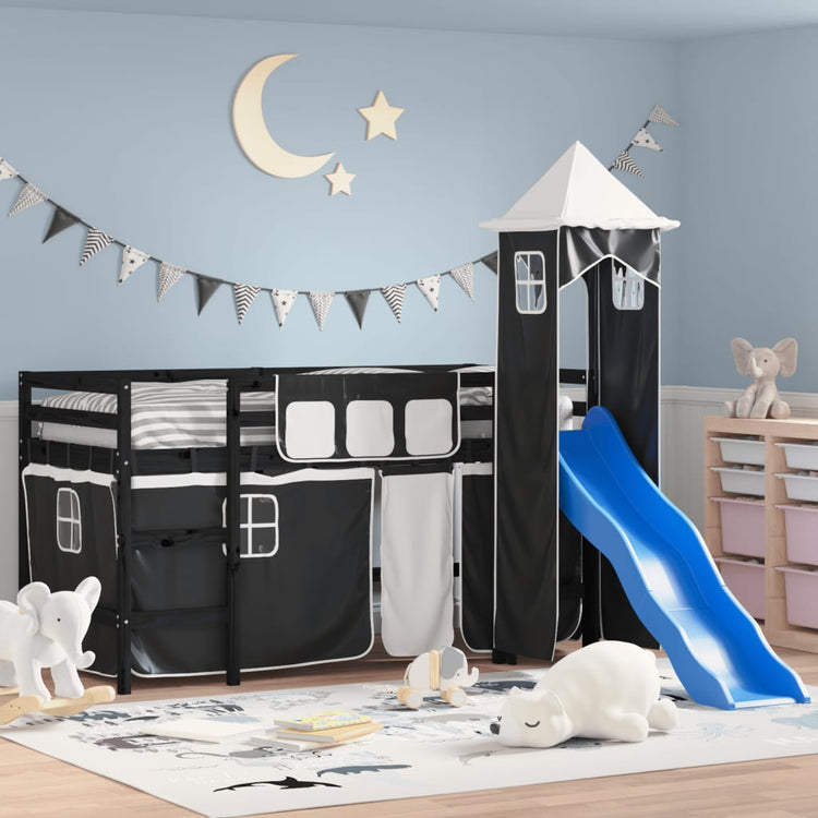 Letto a Soppalco con Torre Bambini Bianco e Nero 90x200cm Pino 3207078